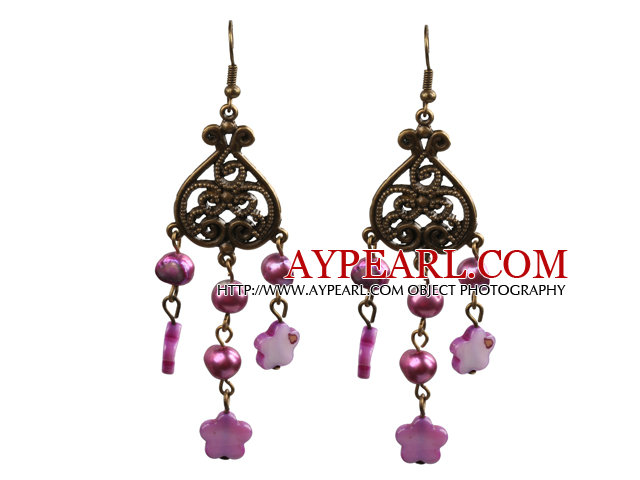 Vintage Style Chandelier Shape Purple Pearl Shell Flower Dangle Earrings With Heart Shape Bronze Accessory
