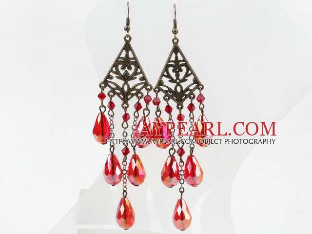 Long Style Drop Shape Red Manmade Crystal Earrings