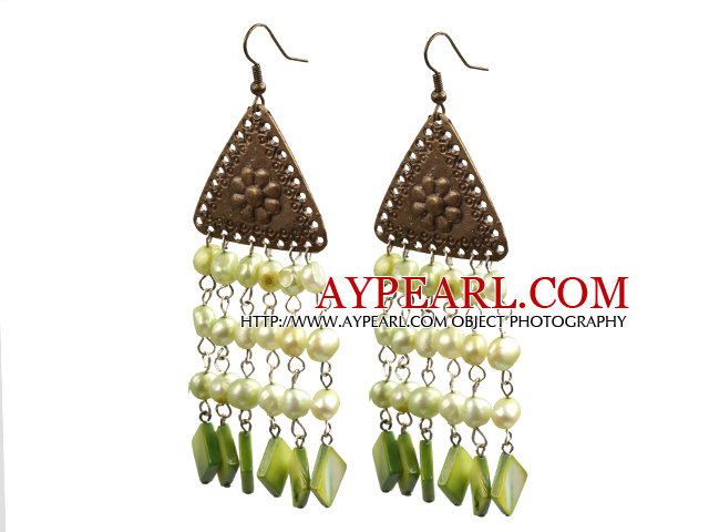 Vintage Tassel Style Light Green Pearl Square Shape Shell Dangle Earrings