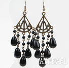 Vintage Style Big Drop Shape Black Agate Earrings