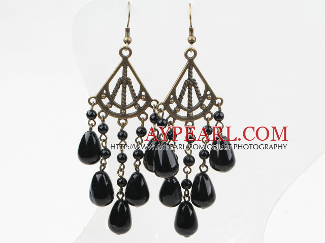 Vintage Style Big Drop Shape Black Agate Earrings