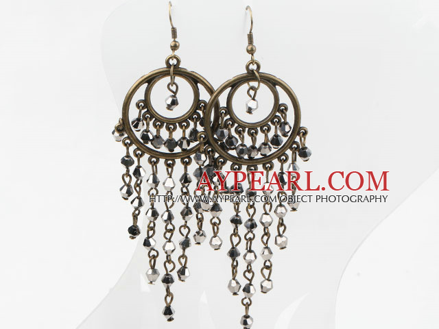 Beautiful Long Style Black And Gray Crystal Loop Chain Tassel Earrings With Copper Charm