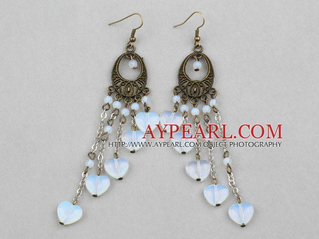 Long Style Heart Shape and Round Moon Stone Earrings