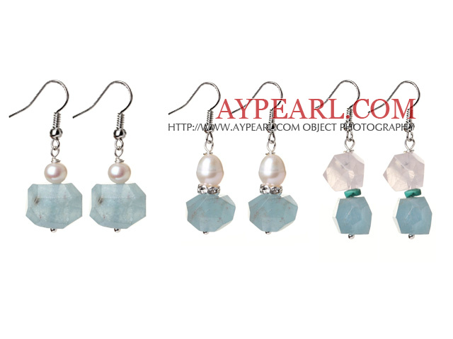 3 st Simple Mode oregelbunden form blå Aquamarine och pärla och rosenkvarts örhängen