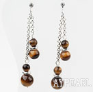 Dangle Style Round Tiger Eye Earrings with Metal Chain