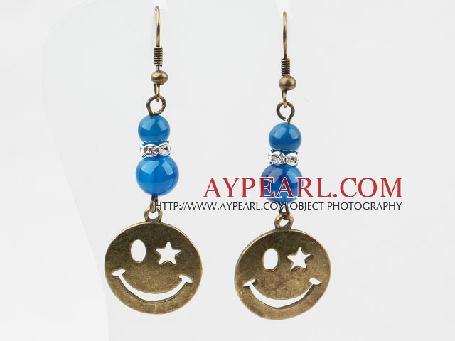 Vintage Style rund blau Achat Ohrringe mit Bronze Lächeln Gesicht Zubehör