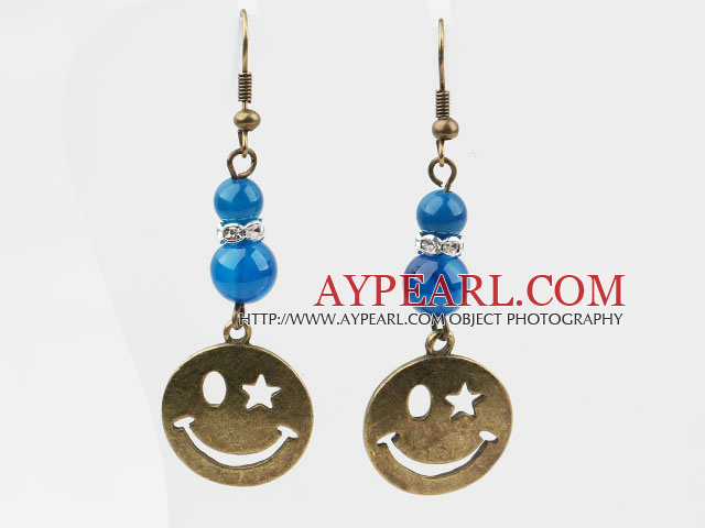 Vintage style Boucles d'agate bleue avec le bronze Accessoires visage souriant