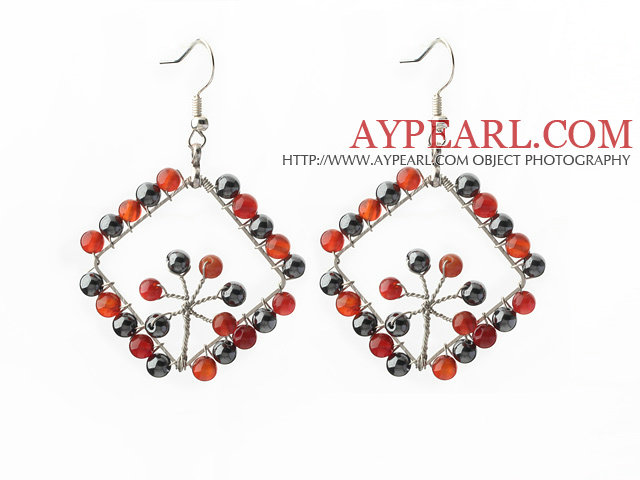 New Style Fashion Design Rhombus Shape Carnelian and Hematite Earrings