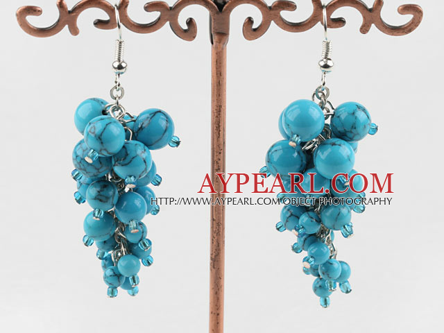 Nice Cluster Loop Chain Style Round Blue Turquoise Dangle Earrings With Fish Hook