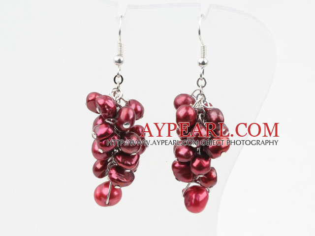 Cluster Style Dyed Wine Red Freshwater Pearl Earrings