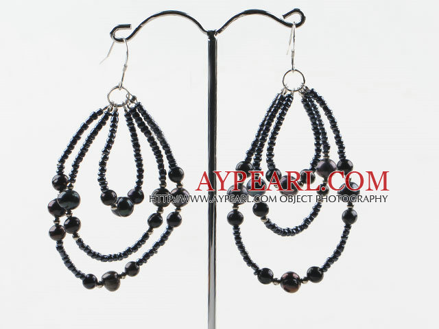 Large Diameter Layer Black Freshwater Pearl And Black Crystal Hoop Earrings