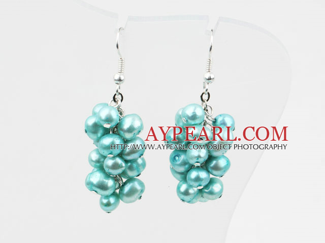Cluster Style Dyed Lake Blue Color Freshwater Pearl Earrings