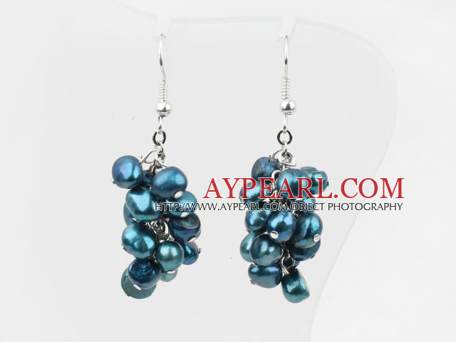 Cluster Style Dyed Steel Blue Color Freshwater Pearl Earrings