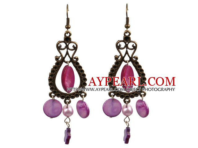 Vintage Style Chandelier Shape Purple Pearl Shell Earrings With Drop Shape Bronze Accessory