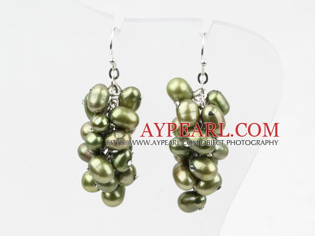 Cluster Style Olive Green Color Top Drilled Freshwater Pearl Earrings