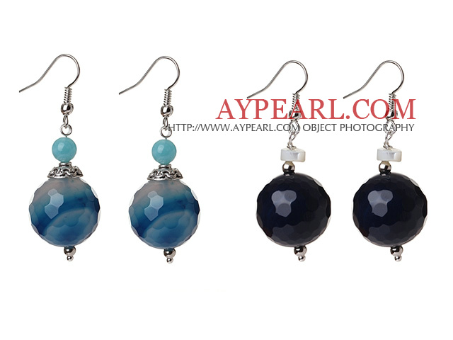 2 PCs Conception facettes Agate Blue Ball classique et jade bleu et la mer Blanche Shell Boucles d'oreilles