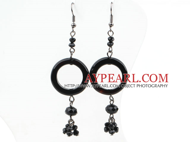 Donuts Shape Black Agate and Black Crystal Dangle Earrings