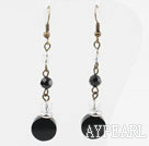 Vintage Style Clear Crystal and Black Agate Dangle Earrings