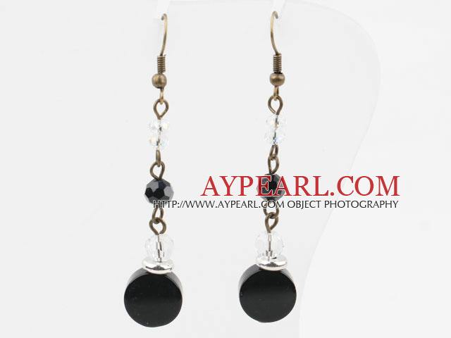 Vintage Style Clear Crystal and Black Agate Dangle Earrings