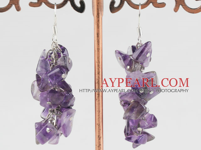 Fashion Cluster Style Loop Chain Chipped Natural Amethyst Dangle Earrings With Fish Hook
