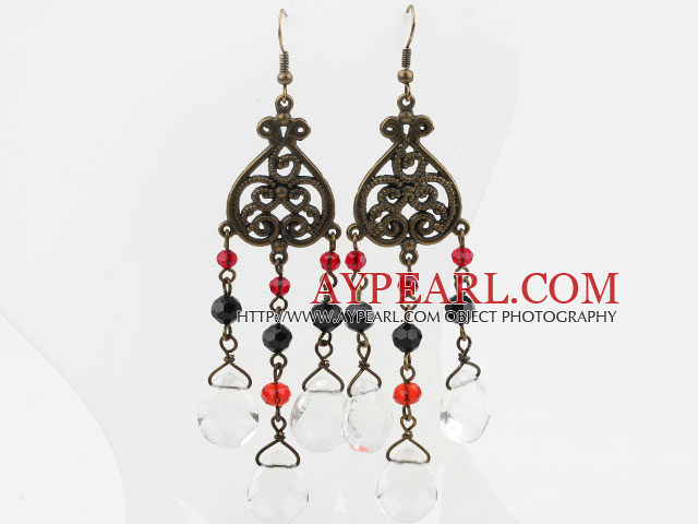 Vintage Style White Black and Red Crystal Dangle Earrings