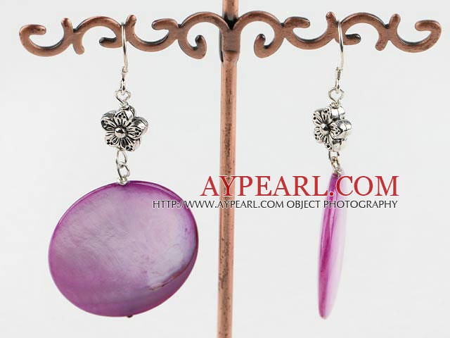 Fashion Large Diameter 30Mm Dyed Purple Disc Shell And Flower Charm Earrings With Fish Hook