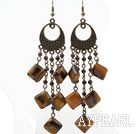 Vintage Style Garnet and Rhombus Shape Tiger Eye Long Earrings