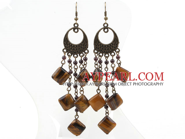 Garnet Vintage Style et Rhombus Boucles d'oreilles de forme Tiger Eye longues