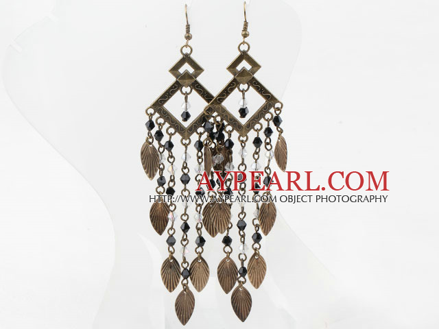 Vintage Style Black White Crystal and Brooze Leaves Earrings