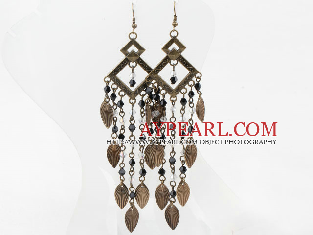 Vintage Style Noir Blanc Cristal et Brooze Feuilles Boucles d'oreilles