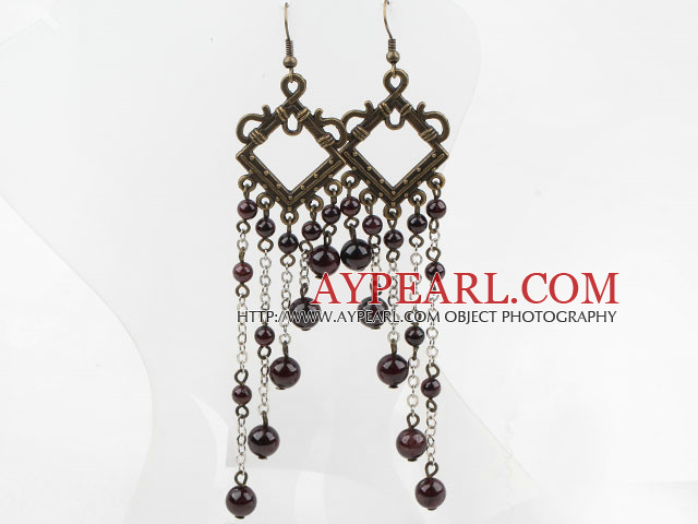 Fashion Vintage Long Chain Style Round Garnet Dangle Earrings With Copper Charm