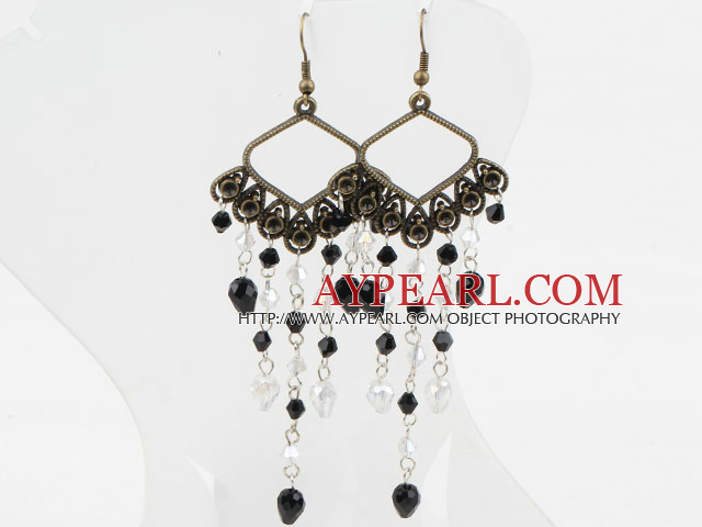 Long Style White and Black Crystal Vintage Earrings