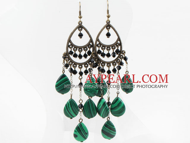 Vintage Style Drop Shape Manmade Malachite and Black Crystal Long Earrings