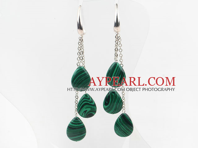 Déposez Shape synthétiques Boucles d'oreilles malachite style long avec chaîne en métal