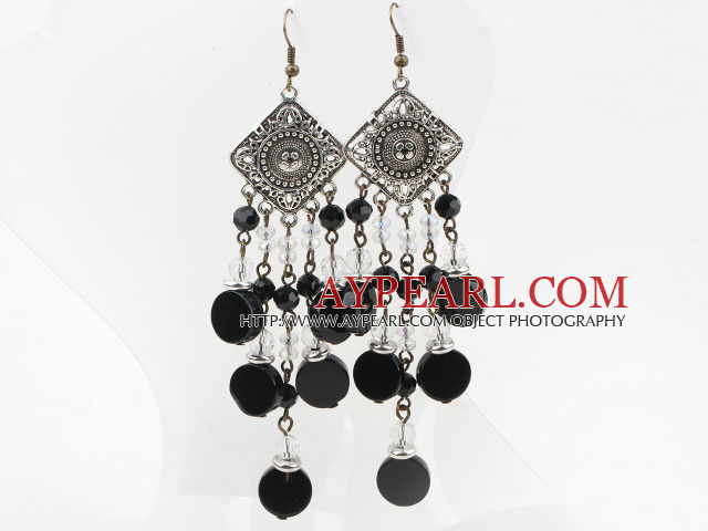 Assorted Clear Crystal and Black Agate Long Style Earrings