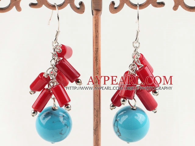 Classic Loop Chain Red Cylinder Coral And Round Blue Turquoise Cluster Earrings