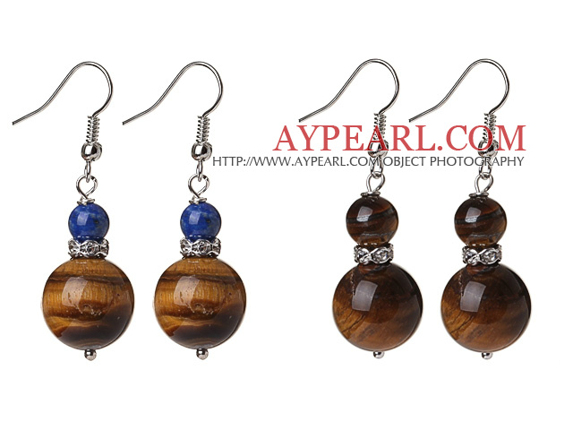 2 Pcs Classic Design 14mm Tiger Eye Bead And 6mm Lapis Earrings