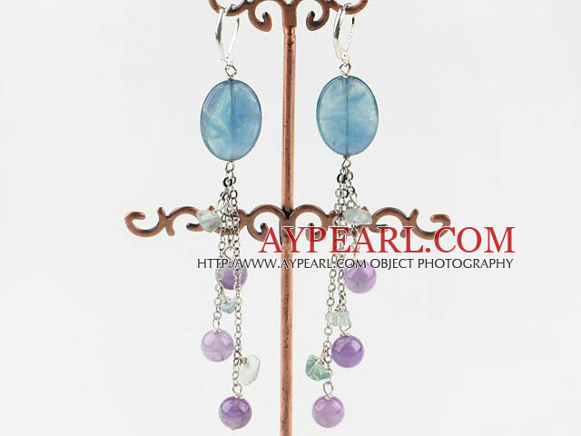 Fashion Long Chain Loop Style Rainbow Fluorite Dangle Earrings With Lever Back Hook