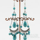 Popular Long Chain Loop Style Round And Teardrop Burst Pattern Blue Turquoise Dangle Earrings