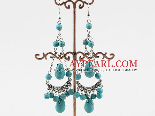 Popular Long Chain Loop Style Round And Teardrop Burst Pattern Blue Turquoise Dangle Earrings