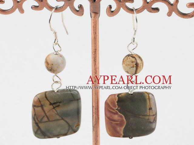 Fashion Weaved Pattern Round And Square Agate Dangle Earrings With Fish Hook