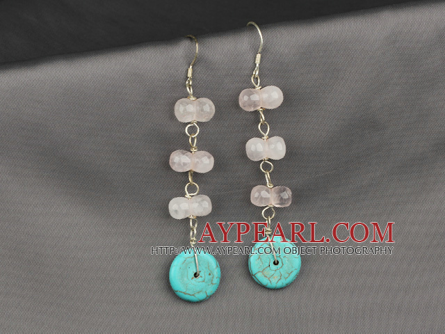 Lovely Disc Blue Turquoise And Peanut Rose Quartz Dangle Earrings With Fish Hook