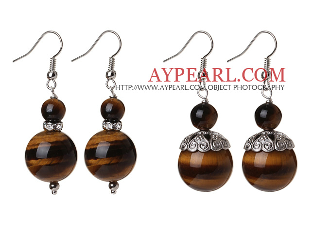 2 Pcs Classic Design 16mm Tiger Eye Bead Earrings With Tibet Silver Accessory
