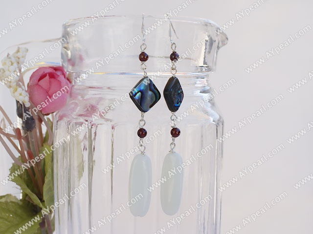 Long Style Round Garnet Abalone And White Poecelain Dangle Earrings