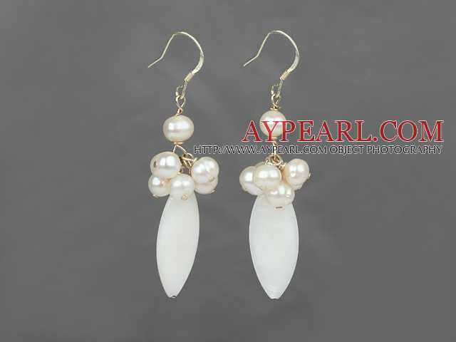 Fashion Cluster White Freshwater Pearl And Eye Shape Shell Dangle Earrings With Fish Hook