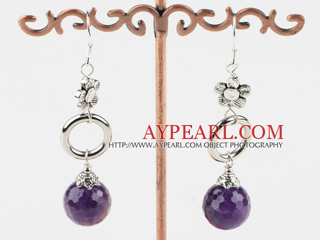 Fashion Long Style Natural Faceted Round Amethyst Ball And Loop Flower Metal Charm Earrings