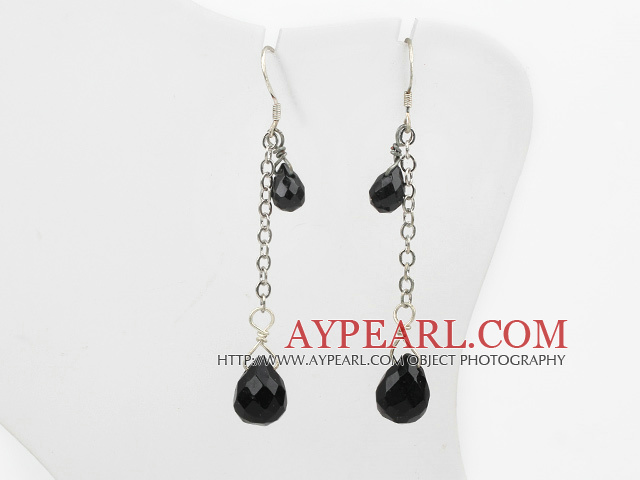 Fashion Long Chain Loop Style Black Teardrop Crystal Dangle Earrings With Fish Hook