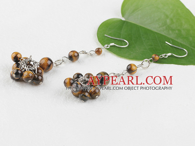 Nice Loop Chain Cluster Style Round Tiger Eye Stone Dangle Earrings With Fish Hook