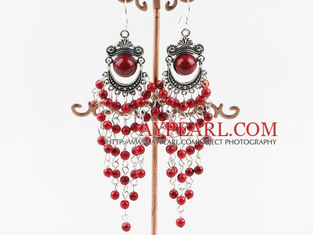 Fashion Long Loop Cluster 4Mm Red Bloodstone Chandelier Dangle Earrings