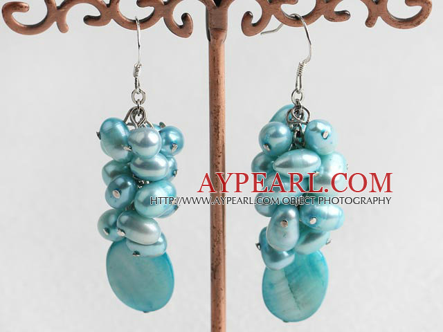 Nice Cluster Style Dyed Blue Freshwater Pearl And Oval Shape Shell Dangle Earrings